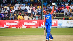 X/BCCI : Abhishek Sharma en route his first-ever international century during the India vs Zimbabwe, 2nd T20I in Harare on Friday (July 7, 2024).